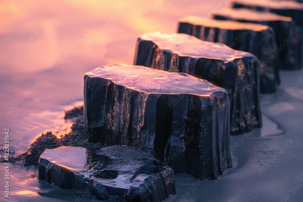 Poster Sunset illuminates wet, dark stones on a beach, creating a serene and captivating scene.