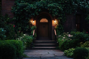 Charming evening entrance to a cozy home adorned with lush greenery and glowing lights, capturing the essence of tranquility and warmth in a tranquil neighborhood setting