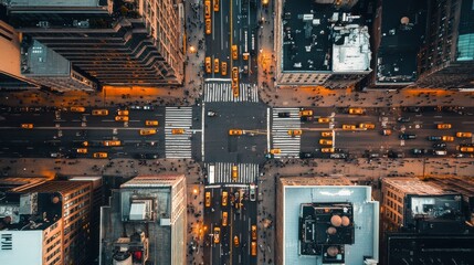 Aerial view of busy intersection with yellow taxis in new york city