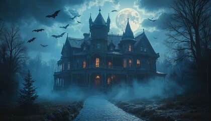Obraz premium Eerie haunted mansion surrounded by mist and bats under a full moon