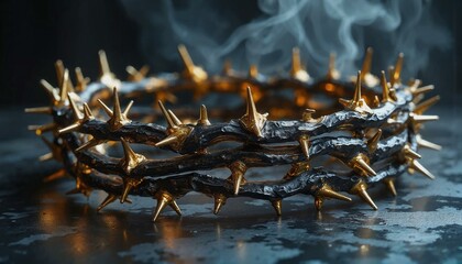 Crown of thorns with sharp spikes resting on polished surface under dramatic lighting