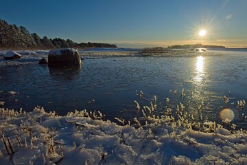 Fototapeta premium Sunny morning at seashore on a cold winter day with ice on the shoreline, Kallahdenniemi, Helsinki, Finland.