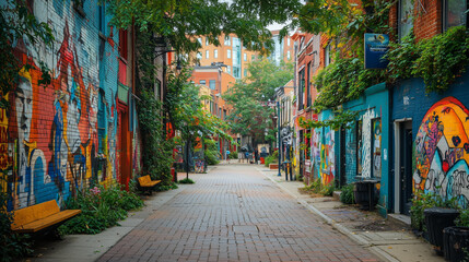 Fototapeta premium Vibrant Urban Alleyway with Colorful Street Art and Greenery