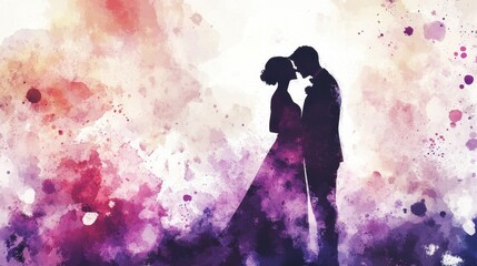 Obraz premium Watercolor Silhouette Of A Bride And Groom Embracing