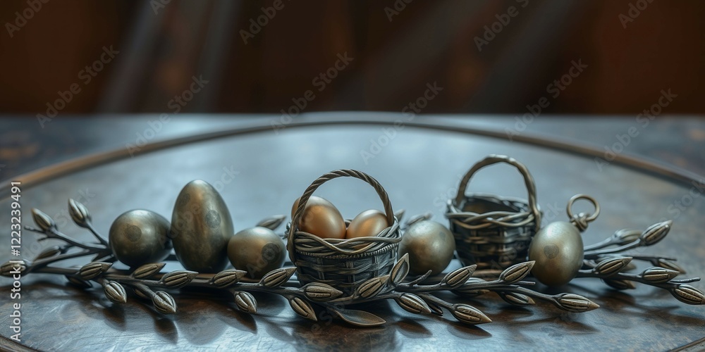 Poster a table with a gold basket and eggs on it. the basket is filled with eggs and the eggs are in differ