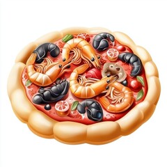 3D icon cartoon of a mini pizza with seafood toppings, isolated on a white background