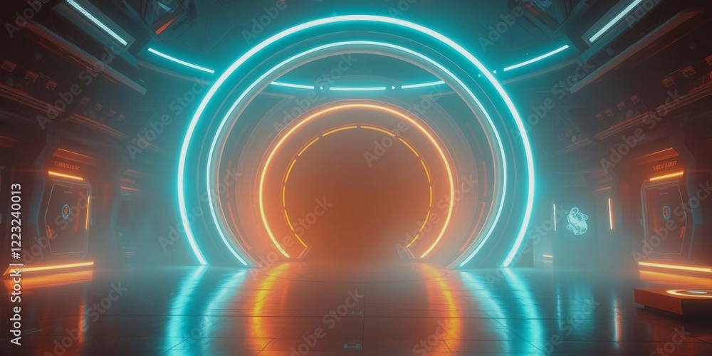 Poster a neon lighted room with a large circular opening. the room is empty and the light is on