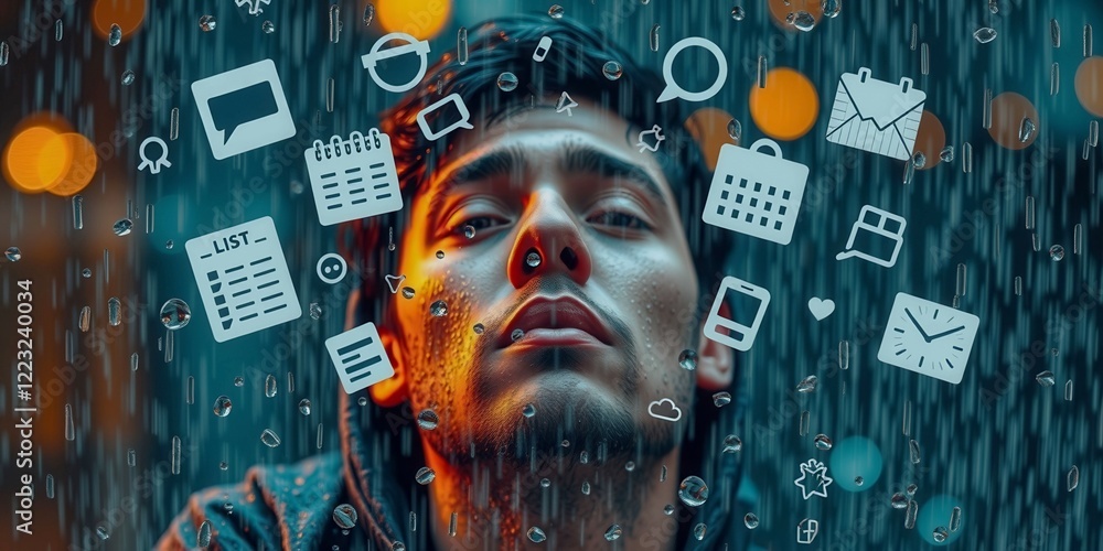 Poster a man's face is covered in a collage of images, including a few that say 