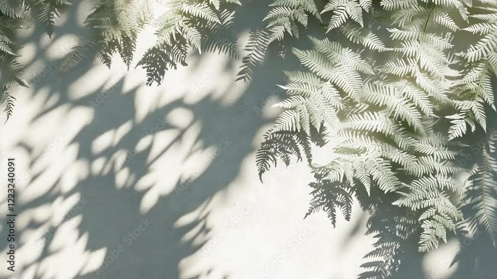 Poster sunlight filtering through ferns casting intricate shadows on a light wall in a tranquil setting