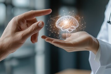 Hands reaching towards a glowing brain symbolizing knowledge and innovation in healthcare