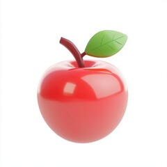 3D icon cartoon of a ripe red apple with a leaf, isolated on a white background 
