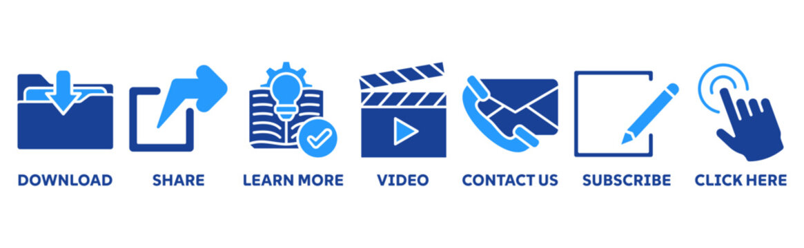 Call to action icon set illustration concept with icon of download, share, learn more, watch our video, contact us, subscribe, and click here 