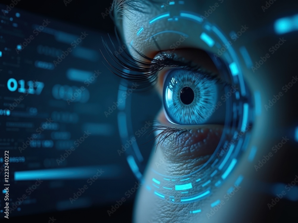 Poster close-up view of a human eye surrounded by digital elements representing the field of cybersecurity 