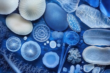Microscopic diatoms and radiolarians arranged artistically on a blue background, showcasing intricate details and textures.