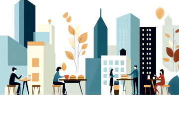 A vibrant cityscape featuring people enjoying food at outdoor tables, surrounded by modern buildings and autumn leaves.