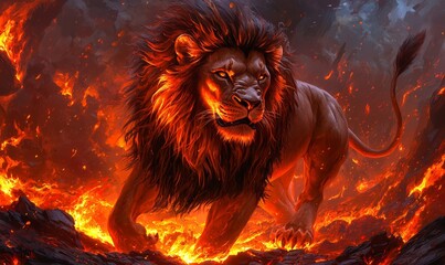 Fiery Lion Roaring Amidst Lava in a Dramatic Landscape Scene