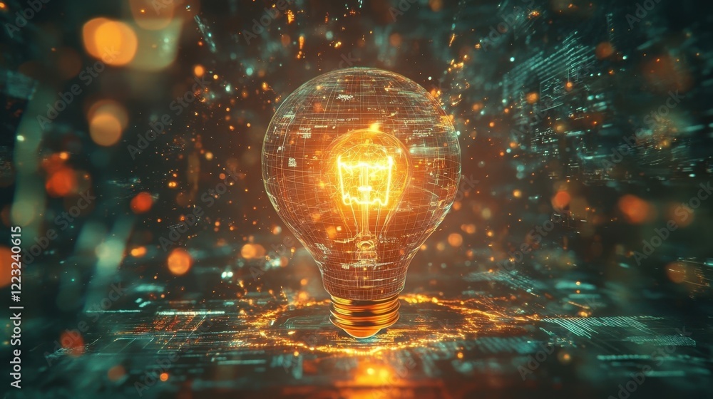 Poster an ethereal light bulb surrounded by holographic charts and graphs representing the spark of entrepr