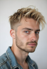 Obraz premium Hairstyle Young Blond Man in Denim Jacket Against Neutral Background