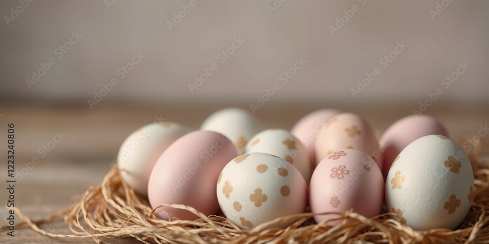 Poster a bunch of eggs with white and pink designs on them are sitting on a wooden surface. the eggs are ar