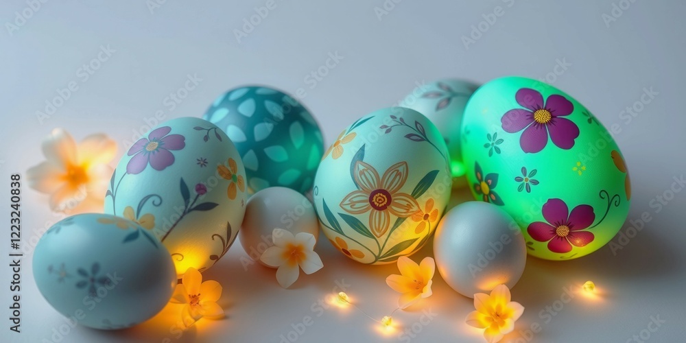 Poster a collection of eggs with flowers and leaves on them. the eggs are all different colors and sizes, a