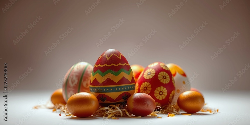 Poster a bunch of painted eggs are on a table. the eggs are of different colors and designs, and they are a