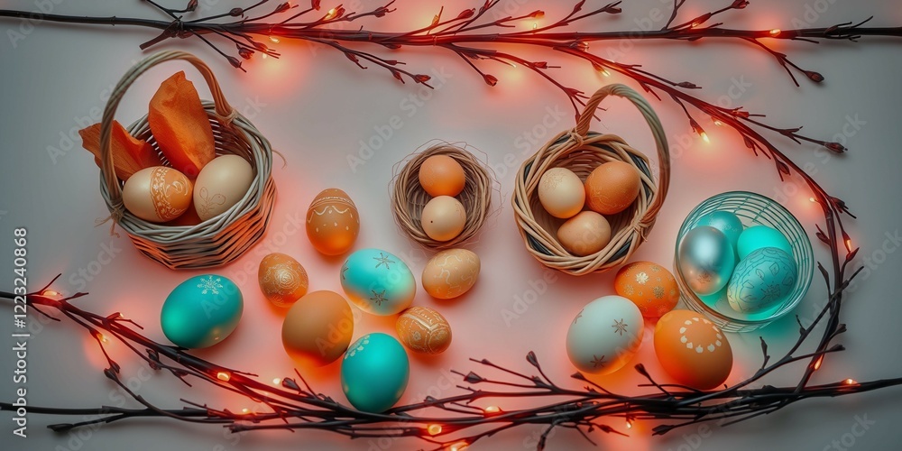 Aufkleber a basket of eggs is on a table with other baskets of eggs. the eggs are in different colors and size