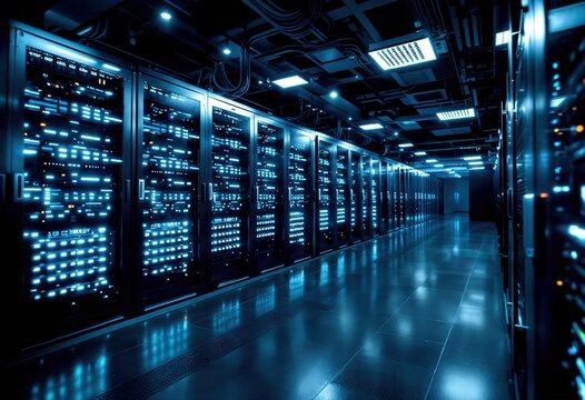 Modern Data Center With Rows of Servers and Blue LED Lighting Background