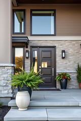 Naklejka premium Modern House Exterior with Stone Facade and Greenery. Luxurious Home Entrance Design and Landscaping. Real Estate Photography