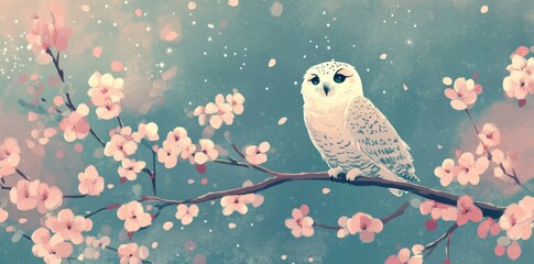 Snowy Owl Perched on a Blooming Cherry Branch