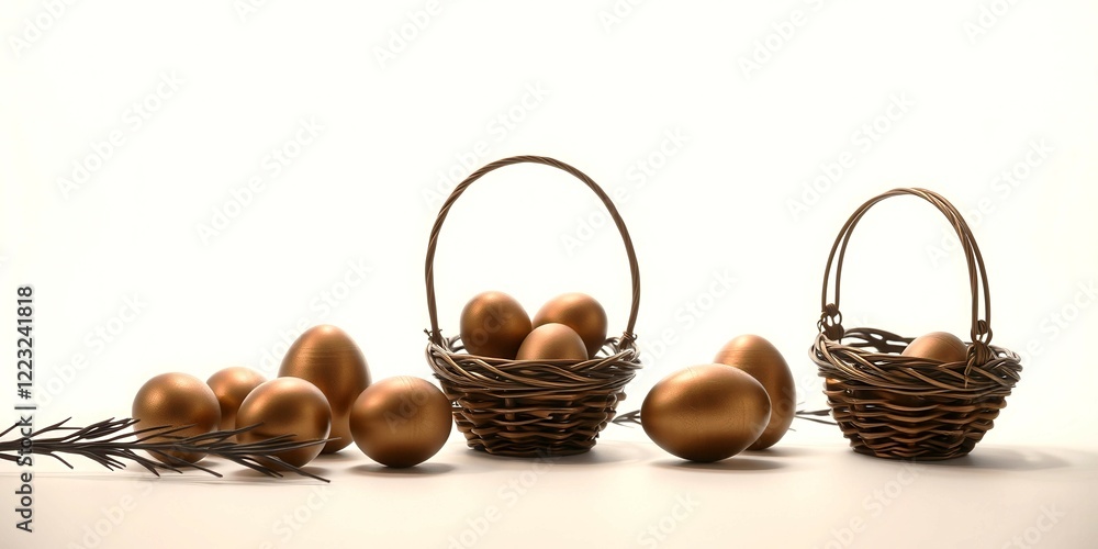 Poster three baskets of gold eggs are arranged in a row. the baskets are woven and the eggs are shiny. the 