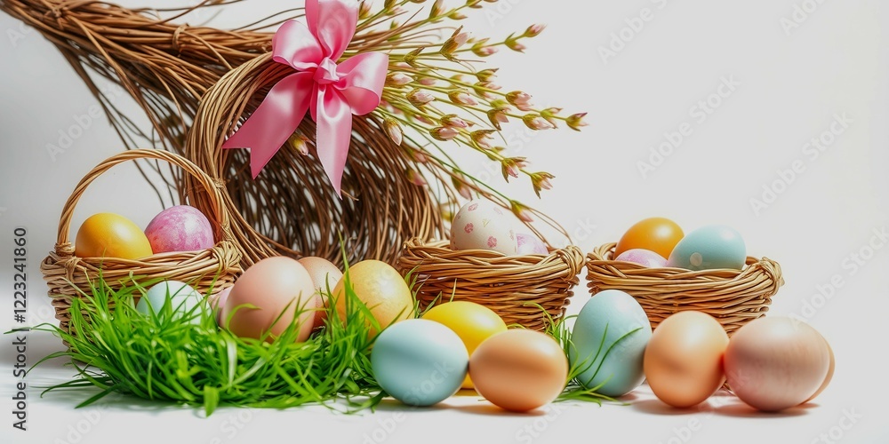 Poster a basket of easter eggs is displayed on a table with grass and flowers. the eggs are of various colo