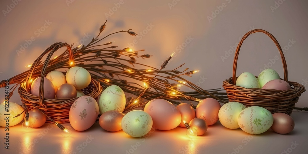 Poster a basket of eggs is surrounded by a string of lights, creating a warm and cozy atmosphere. the eggs 