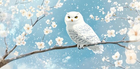 Snowy Owl Perched on a Branch Amidst Blossoming Flowers