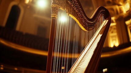 A Golden Harp Stands Ready In A Concert Hall