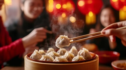 Family members joyfully share dumplings, enjoying warm moments under decorative red lanterns. Celebrating family bonds over steaming dumplings in Asia.
