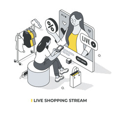 Isometric illustration of live shopping streaming, showing woman shopping while watching live broadcast. The screen displays streamer with product offers and buy now button, clothing in background