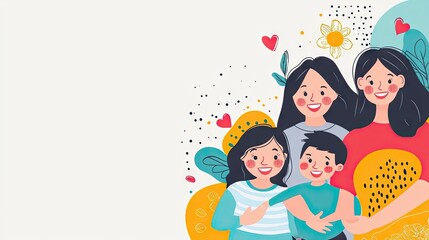 Happy family portrait, mother's day celebration, floral background, website banner