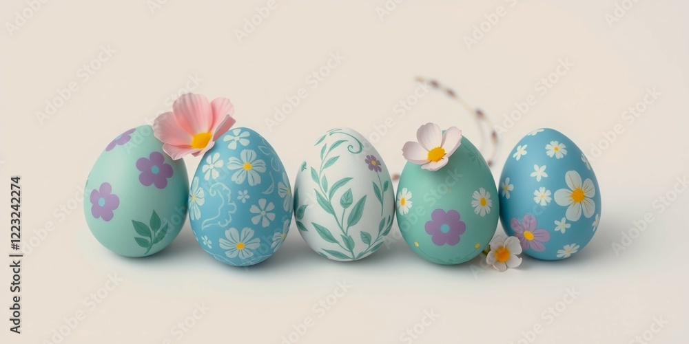 Poster a row of painted eggs with flowers on them. the eggs are arranged in a line and are surrounded by a 