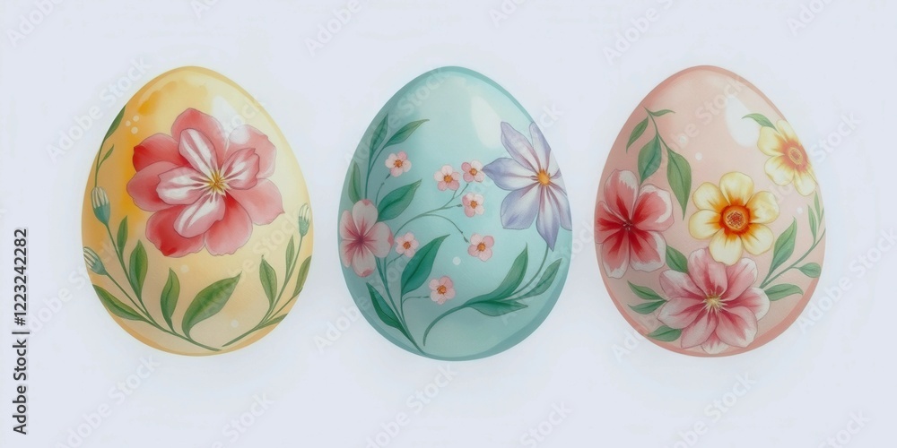 Aufkleber a row of painted eggs with flowers on them. the eggs are arranged in a line and are surrounded by a 
