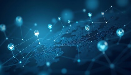 Abstract network with glowing connections and icons on a dark blue textured background