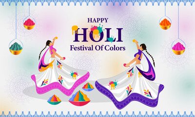 Happy Holi! Two women dancing amid vibrant colors, joyful celebration, and colorful fire.