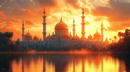 Fototapeta premium Sunset Behind a Mosque with Minarets Reflected in Tranquil Water
