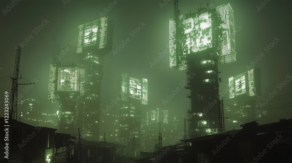 Poster floating pixelated currency symbols hover above illuminated towers contrasting with monochrome shant