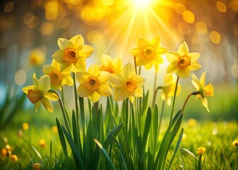 Obraz premium Radiant bloom vibrant daffodils bathed in sunlit glow image.