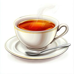 Hot tea cup saucer spoon, steaming beverage, white background, breakfast drink