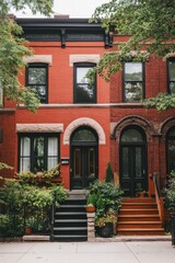 Naklejka premium Red brick townhouse with vibrant greenery in a residential neighborhood showcasing classic architecture and well-kept front gardens