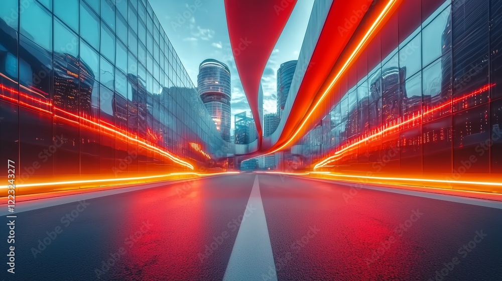 Poster dynamic urban landscape with futuristic architecture and light trails