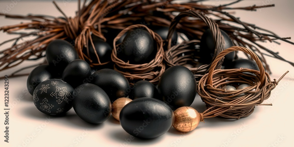 Poster a collection of black eggs and twigs arranged on a white surface. the eggs are of various sizes and 