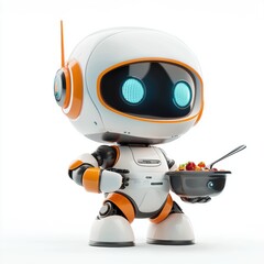 3D icon cartoon of a robot cooking in the kitchen, isolated on a white background --quality 2