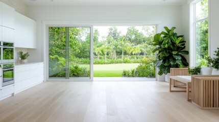 Obraz premium Modern kitchen opens to lush garden view, showcasing light wood floors and tranquil outdoor space; ideal for real estate listings